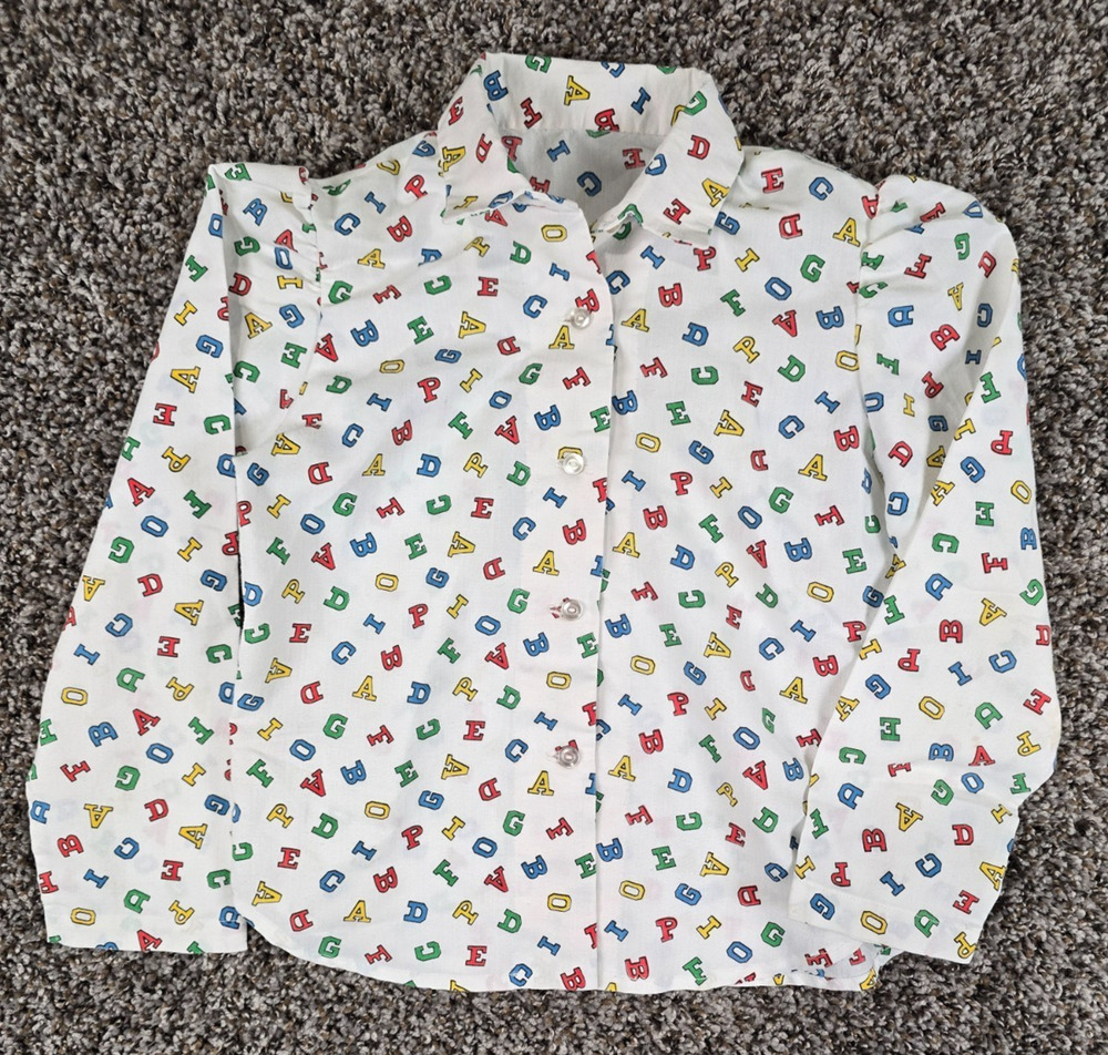 Vtg 1970s Girls Sz S Long Sleeve Button Up Shirt Alphabet Kindergarten School